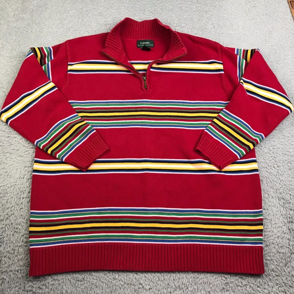 LRL Ralph Lauren Sweater Womens 1X Colorful Striped Cotton Knit 1/4 Zip Pullover